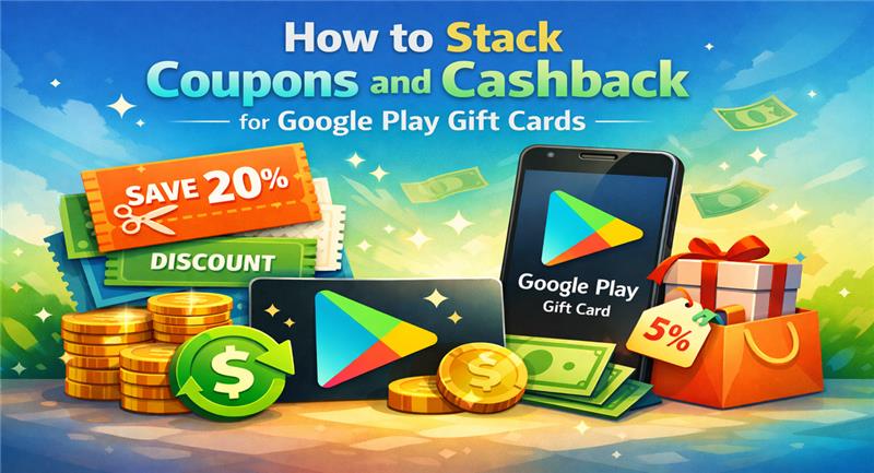 Google Play gift cards with coupons, cashback, coins, and discount graphics