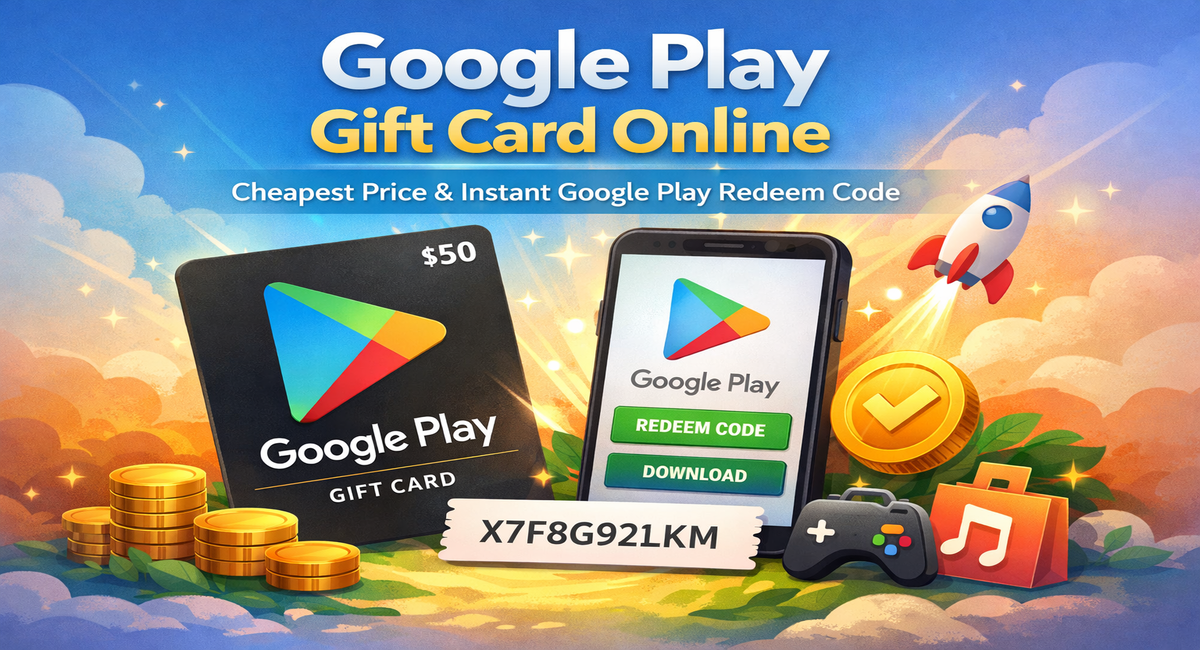 Google Play gift card online banner with a $50 Google Play card, smartphone showing redeem code, coins, and gaming icons.