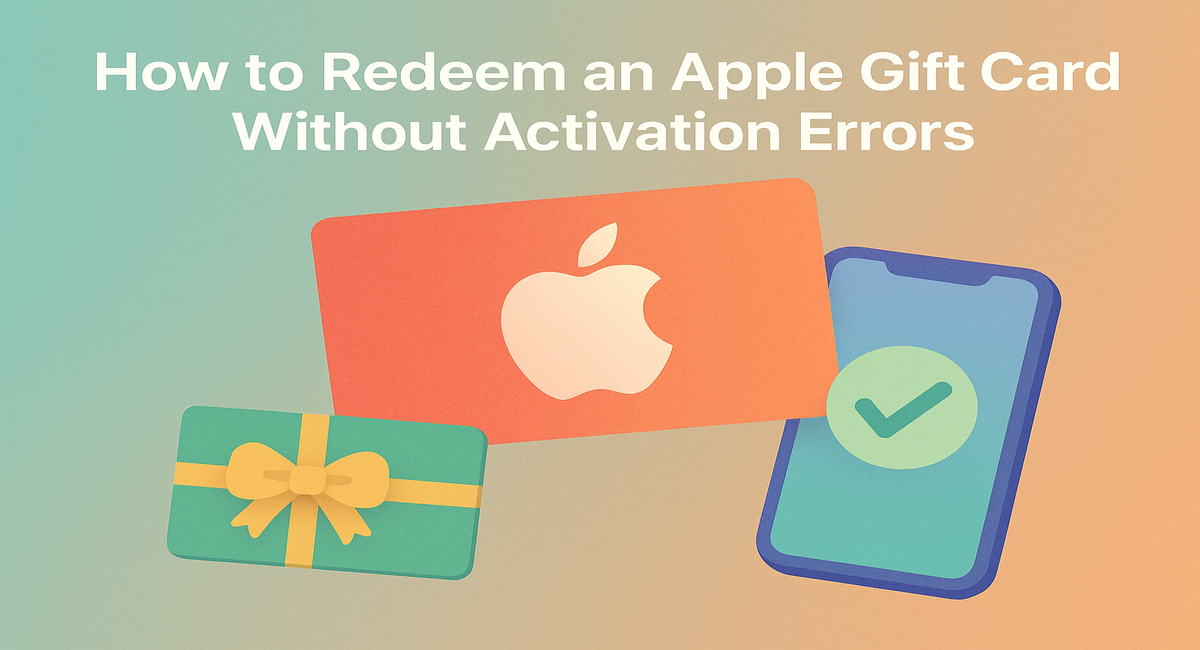Apple gift cards with a phone and checkmark showing successful redemption.