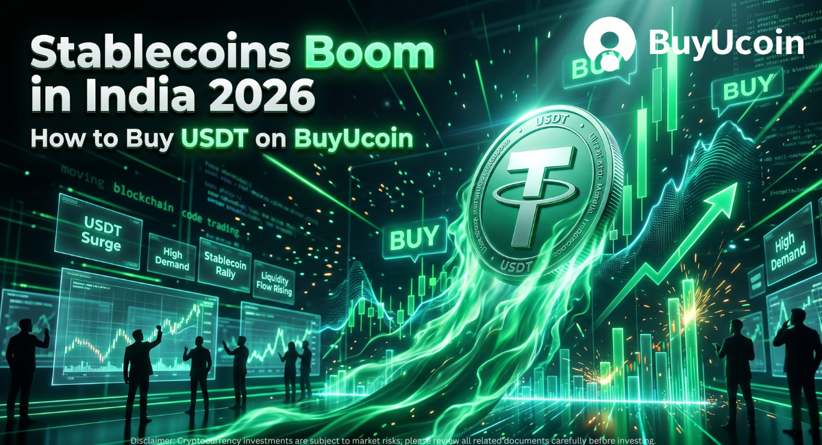 Futuristic 2026 India crypto banner: a glowing emerald USDT coin rises above traders and digital charts, signaling a bullish stablecoin boom on BuyUcoin.