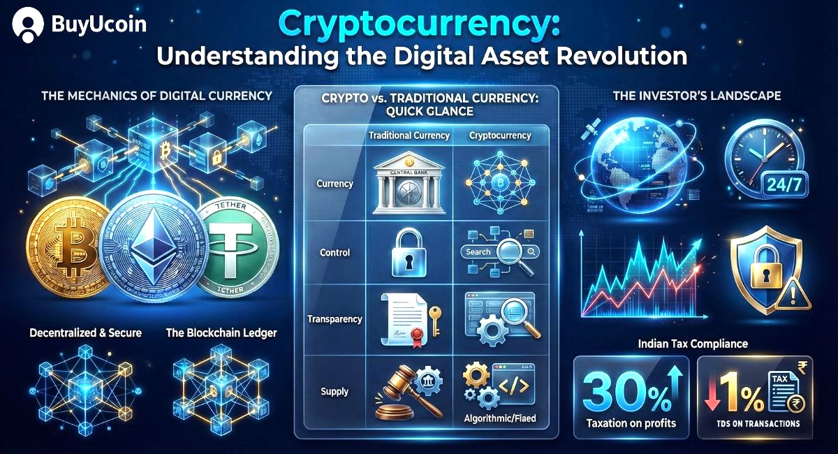 Cryptocurrency infographic explaining digital assets, blockchain mechanics, crypto vs traditional currency, 24/7 markets, security, and Indian tax rules (30% tax, 1% TDS).