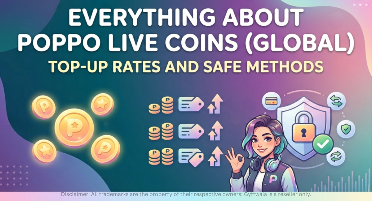 Poppo Live Coins global top-up rates and safe recharge methods banner with coins, pricing icons, and security shield illustration.