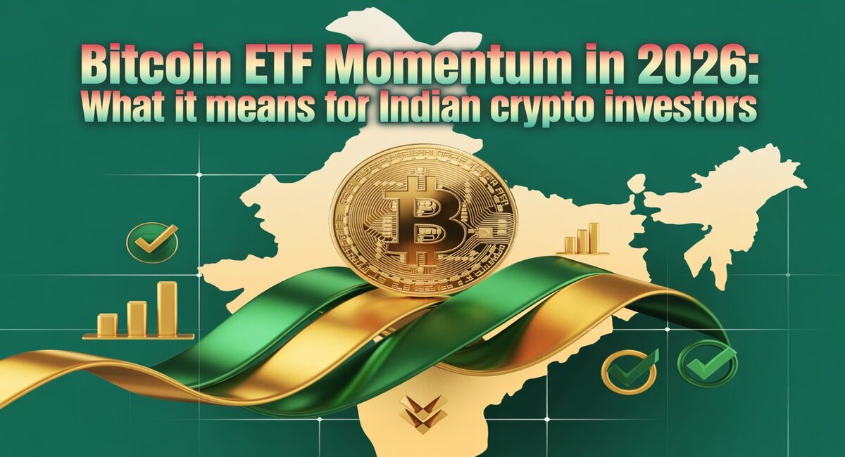 Bitcoin ETF momentum in 2026 visual with Bitcoin over India’s map, rising charts, and approval signals highlighting growing interest among Indian crypto investors.